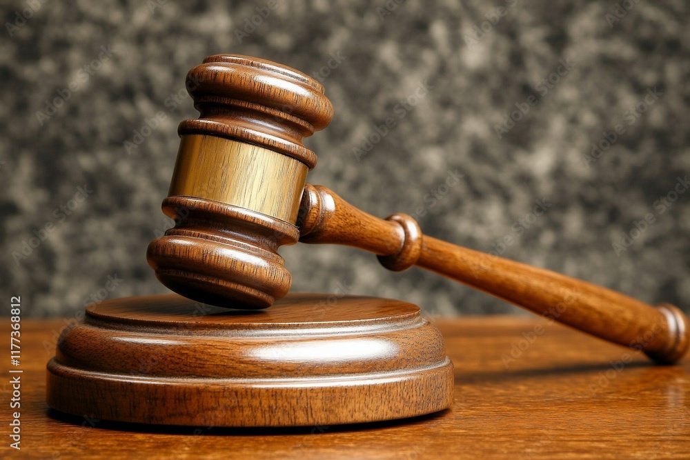 Wooden gavel on stand, legal proceedings, courtroom Wooden gavel on stand, legal proceedings, courtroom