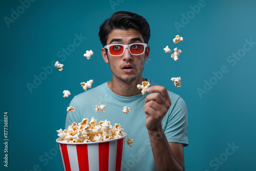 Shocked emotional young man posing isolated over blue wall background watch film eat popcorn. Young Guy In 3D Glasses Eating Popcorn While Watching Scary Movie In Cinema, Shocked Man Opening Mouth. photo