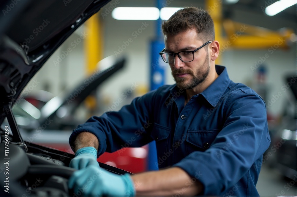 Car mechanic stands proudly in the workshop, next to an open hood, showcasing expertise in automotive repairs and maintenance. Car mechanic stands proudly in the workshop, next to an open hood, showcasing expertise in automotive repairs and maintenance.