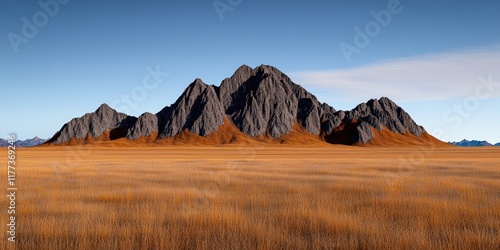 Majestic Mountain Range Surrounded by Golden Grasses Under a Clear Blue Sky at Dusk
