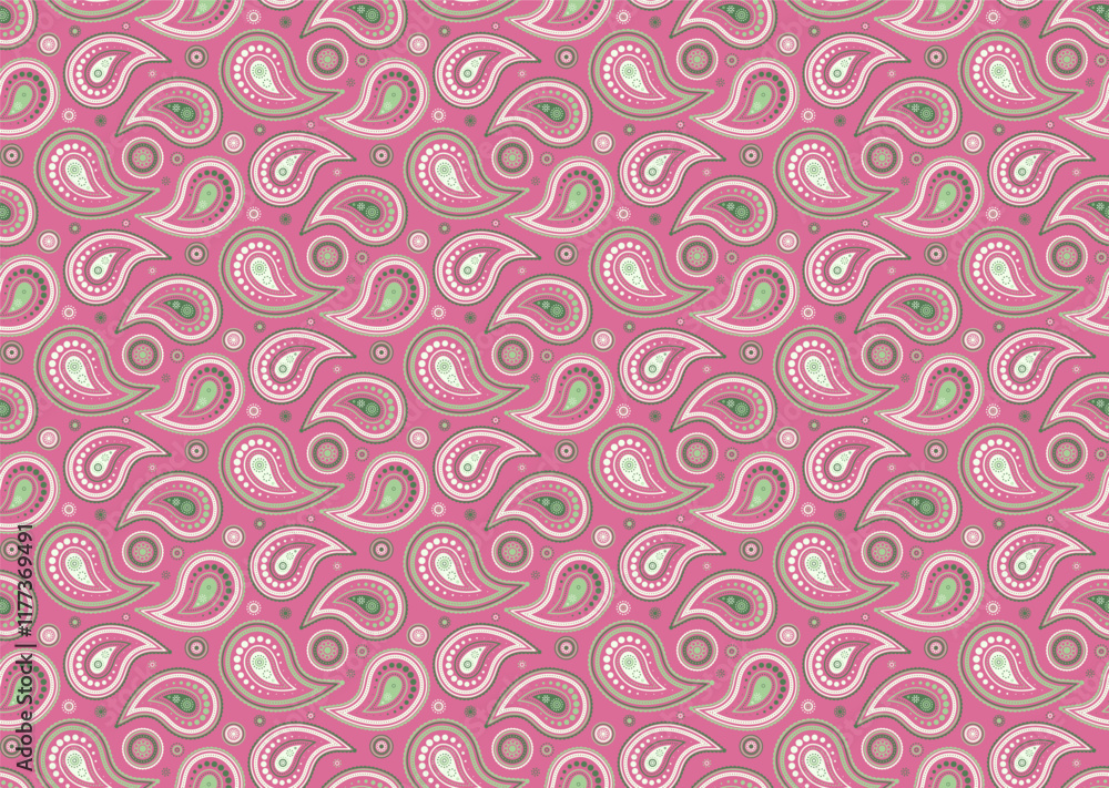 Elegant paisley pattern in pink and green hues. Perfect for textile design, wallpaper, or website backgrounds. This repeating motif offers a stylish and sophisticated aesthetic. Elegant paisley pattern in pink and green hues. Perfect for textile design, wallpaper, or website backgrounds. This repeating motif offers a stylish and sophisticated aesthetic.