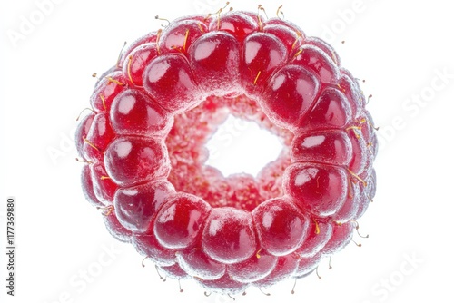 close up of a single red raspberry on a white background