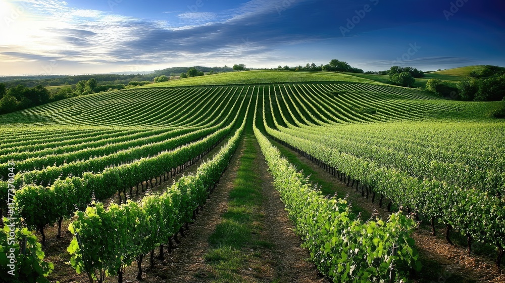 Fototapeta premium Green vineyards stretch across the landscape in Chablis, with sun rays breaking through leaves and a dirt path leading forward