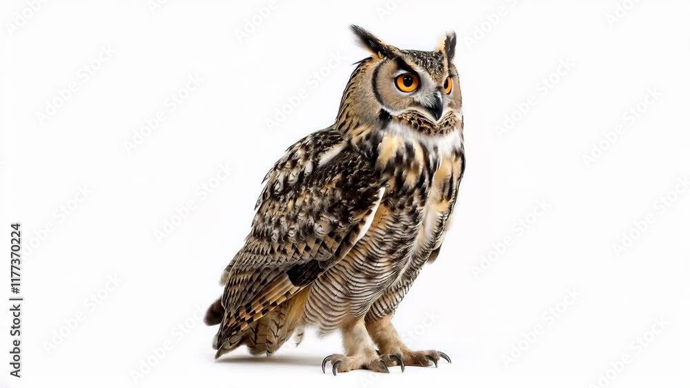 Majestic Great Horned Owl Against White Backdrop: A Study in Avian Beauty and Power Majestic Great Horned Owl Against White Backdrop: A Study in Avian Beauty and Power