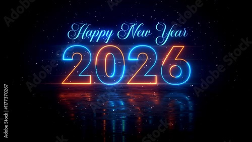 Rotating neon Happy New Year 2026 message, glowing in blue and orange, reflecting on a dark floor with falling snowflakes for festive celebrations, Last 10 Seconds Seamless Loop