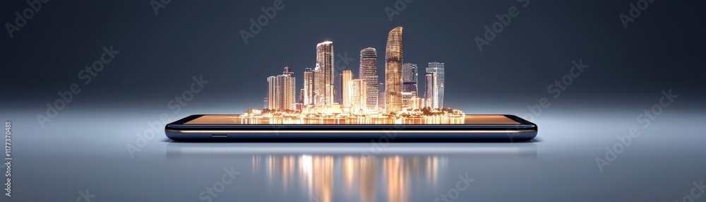 Fototapeta premium Futuristic Smartphone Displaying Vibrant City Skyline with Reflections on Smooth Surface