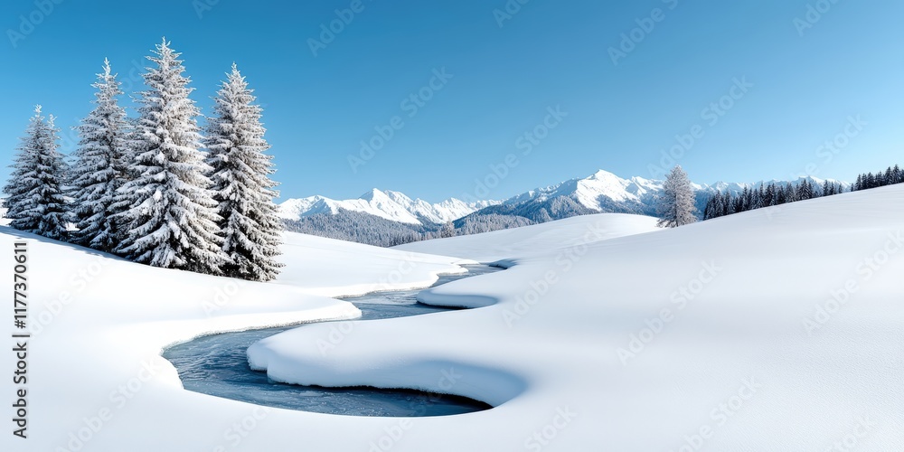 Winter Wonderland Landscape with Snow-Covered Trees and Frozen River under Clear Blue Sky Winter Wonderland Landscape with Snow-Covered Trees and Frozen River under Clear Blue Sky