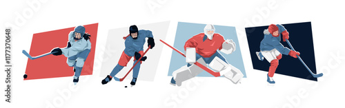 Set of female ice hockey players. ice hockey athlete character. Isolated on white background. Flat vector illustration.