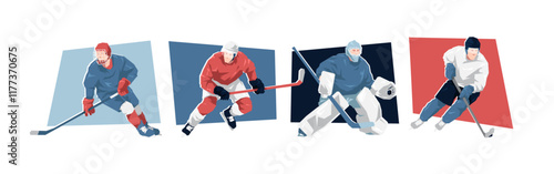 Set of male ice hockey players. ice hockey athlete character. Isolated on white background. Flat vector illustration.