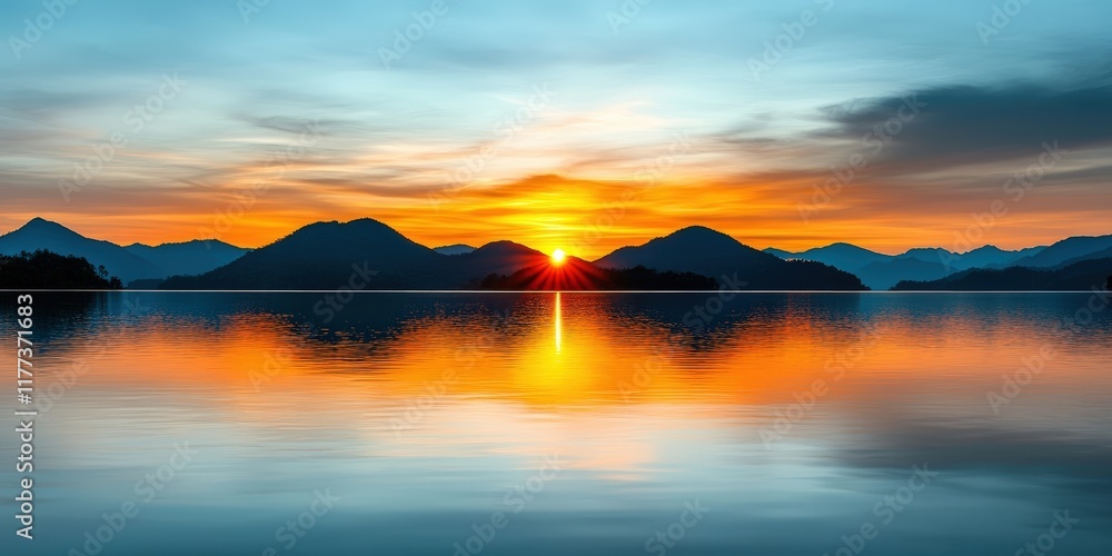 Fototapeta premium Breathtaking Sunset Over Calm Water Reflecting Majestic Mountains and Vibrant Sky Colors