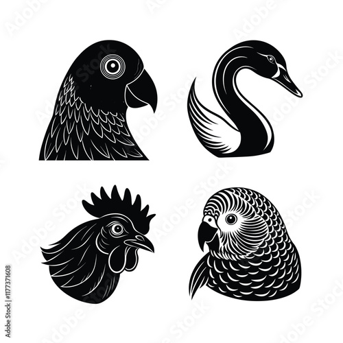 Bird, Domestic animal Bird head vector silhouette bundle photo