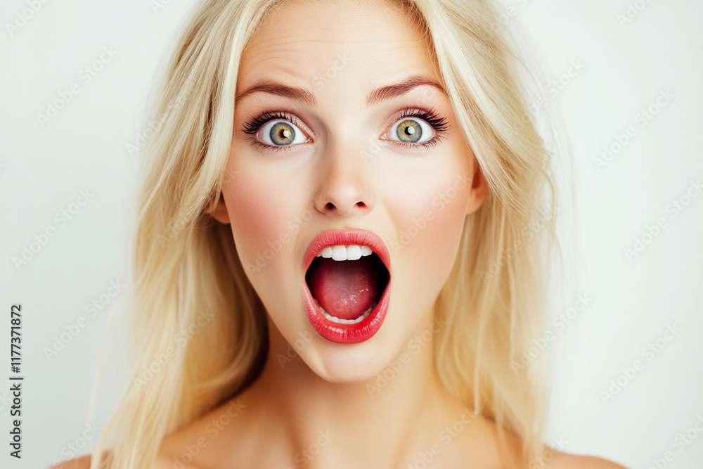 Woman expresses surprise with wide-open mouth and bright eyes Woman expresses surprise with wide-open mouth and bright eyes