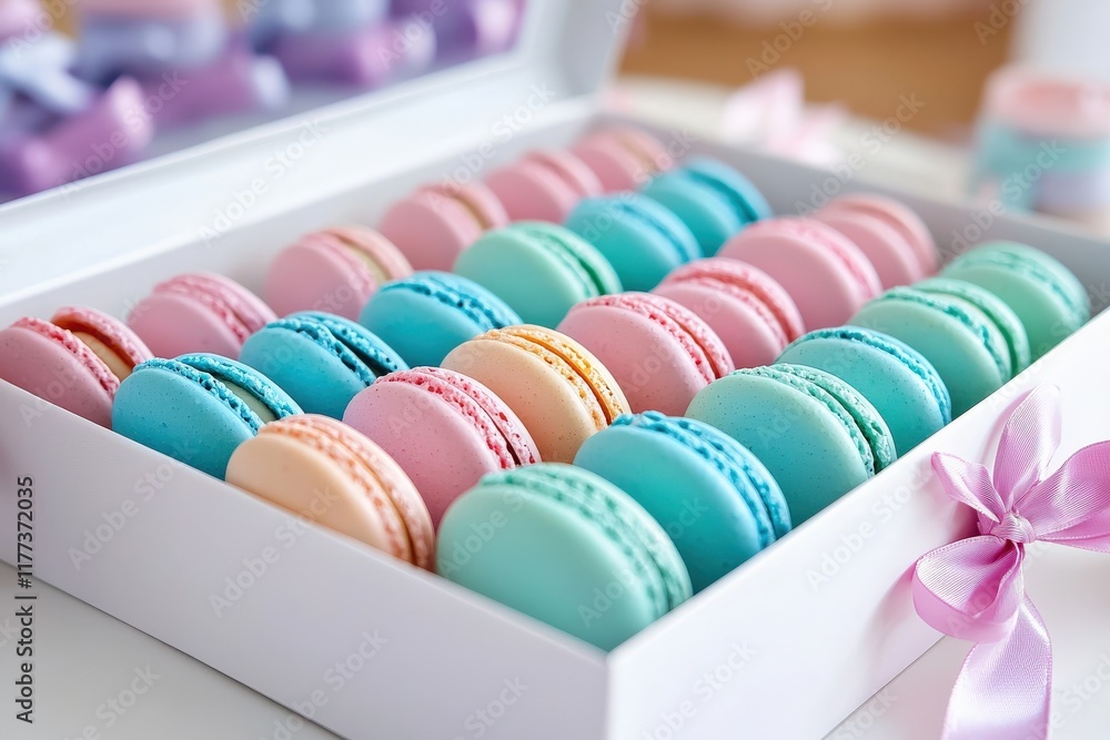 An arrangement of colorful macarons in a pastel-themed box with decorative ribbons An arrangement of colorful macarons in a pastel-themed box with decorative ribbons