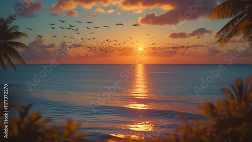 Flock of Birds Soaring Across a Tropical Sunset Over the Ocean