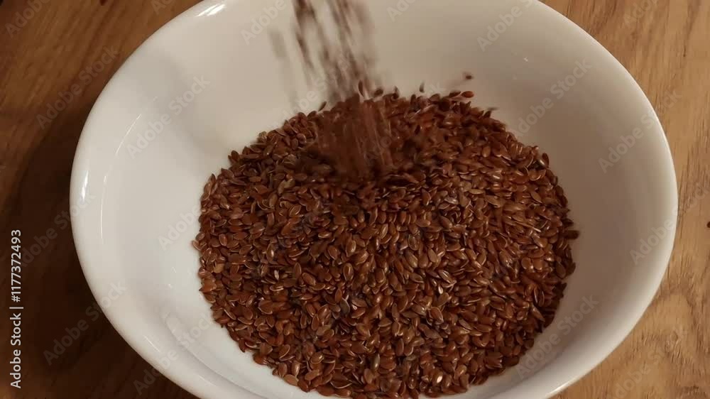 Flax seeds falling into a white bowl. Healthy nutrition, dieting concepts Flax seeds falling into a white bowl. Healthy nutrition, dieting concepts