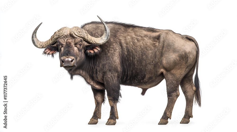 Majestic African Buffalo Stands Powerfully on a White Background Majestic African Buffalo Stands Powerfully on a White Background