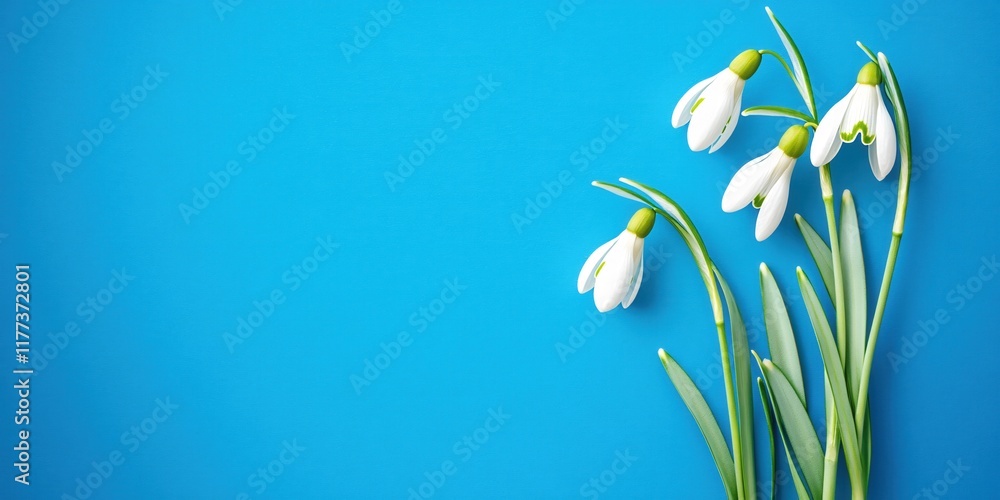 Fototapeta premium Snowdrop Flowers with Green Leaves Against a Bright Blue Background