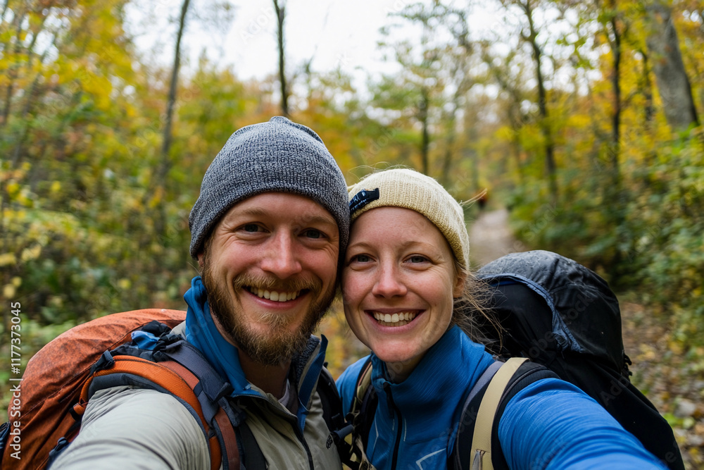 Happy hikers enjoying autumn in the forest Happy hikers enjoying autumn in the forest