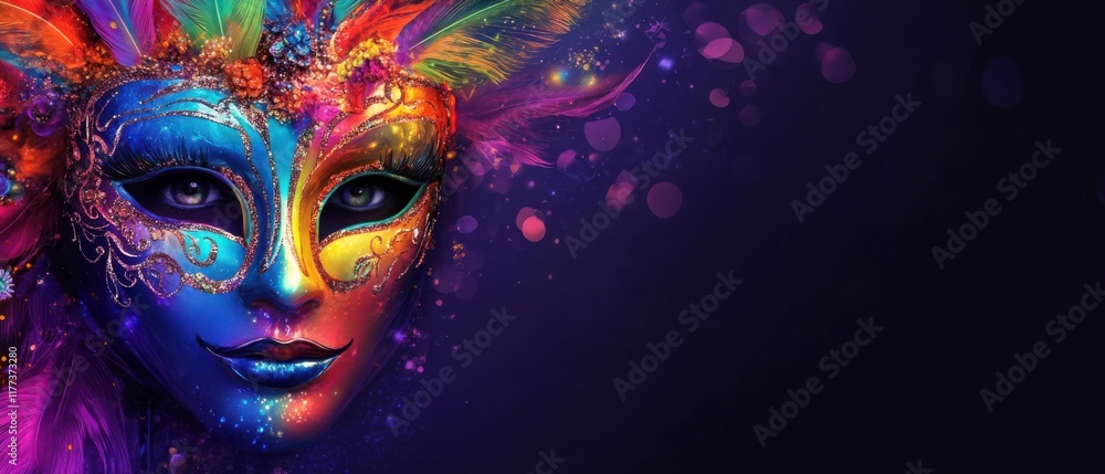 Vibrant Colorful Venetian Carnival Mask with Feathers and Glitter Vibrant Colorful Venetian Carnival Mask with Feathers and Glitter