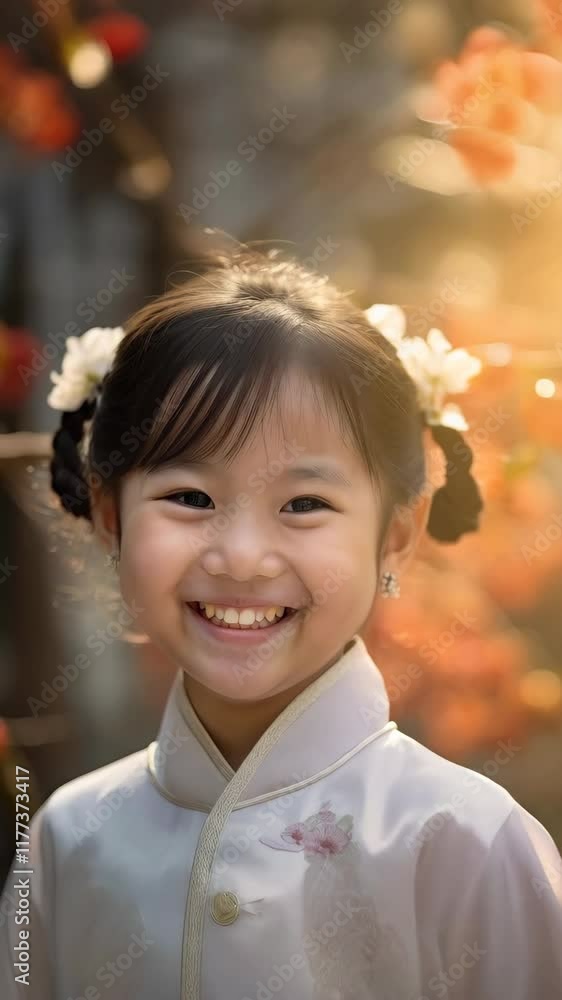 Chinese little girl wearing traditional Chinese costume. Headshot outdoors portrait Chinese little girl wearing traditional Chinese costume. Headshot outdoors portrait