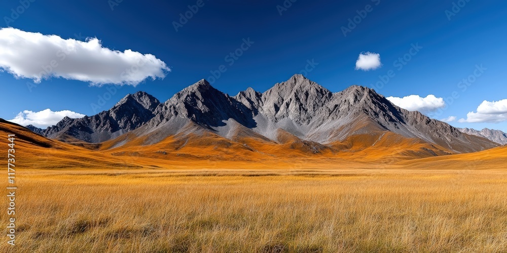 Majestic Mountain Range Under Bright Blue Sky with Fluffy Clouds and Golden Grassland Landscape Majestic Mountain Range Under Bright Blue Sky with Fluffy Clouds and Golden Grassland Landscape