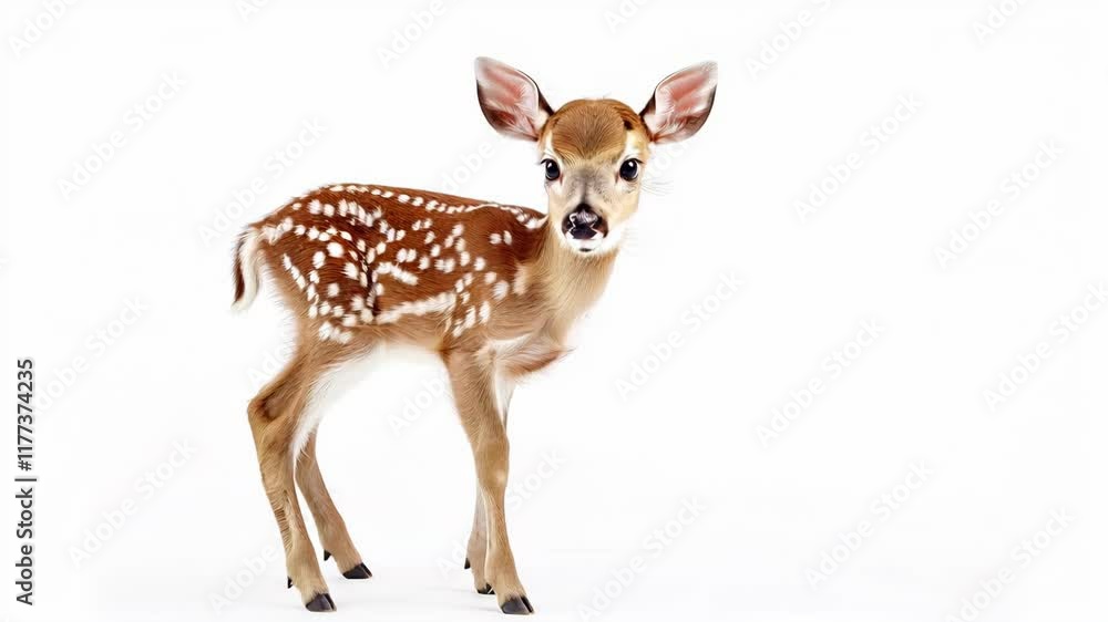 Cute Baby Fawn Standing on White Background: A Charming Wildlife Video for Nature and Animal Projects Cute Baby Fawn Standing on White Background: A Charming Wildlife Video for Nature and Animal Projects