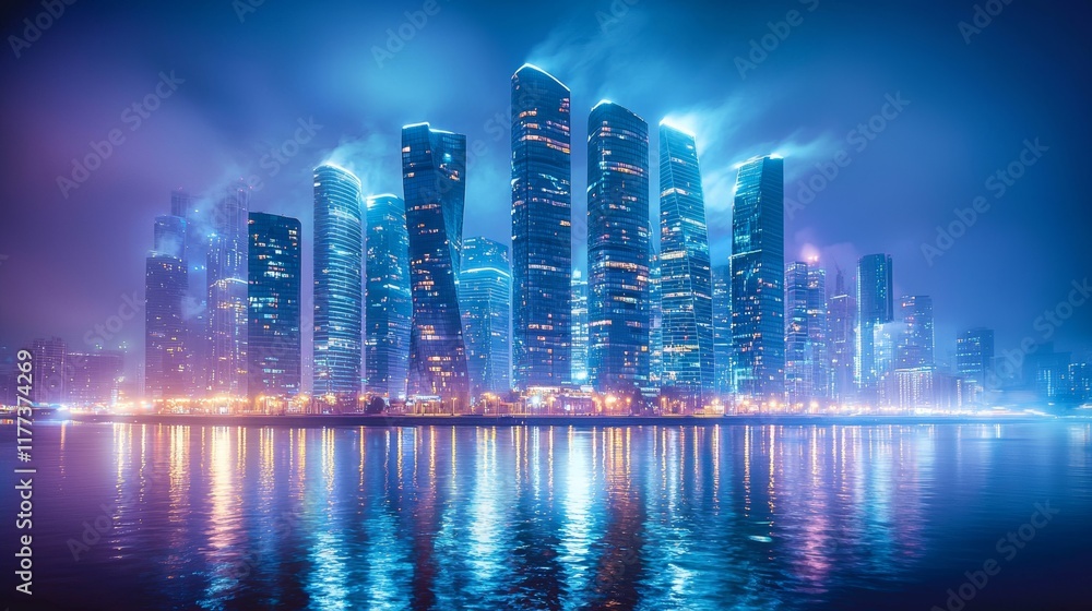 Fototapeta premium Glowing city lights of towering skyscrapers at night, gently blurring into a shimmering sky, evoking the energy and calmness of urban life. Urban nightscape, twinkling lights, blurred city