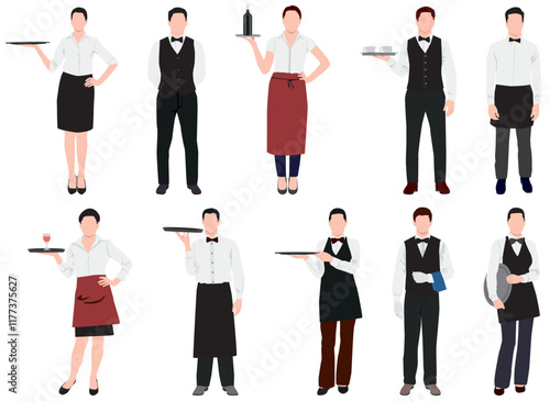 set professional waiter and waitress. Men and women restaurant staff in uniform. 