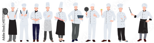 Set of professional chefs. Professional male and female chef and wearing chef uniform. Vector illustration on isolated white background. 