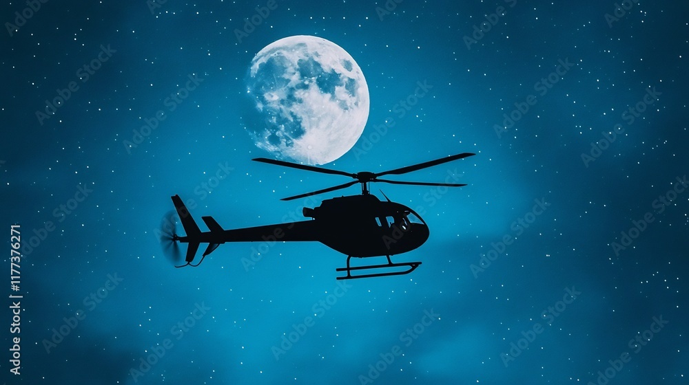 Silhouetted Helicopter Against Supermoon and Starry Night Sky Silhouetted Helicopter Against Supermoon and Starry Night Sky