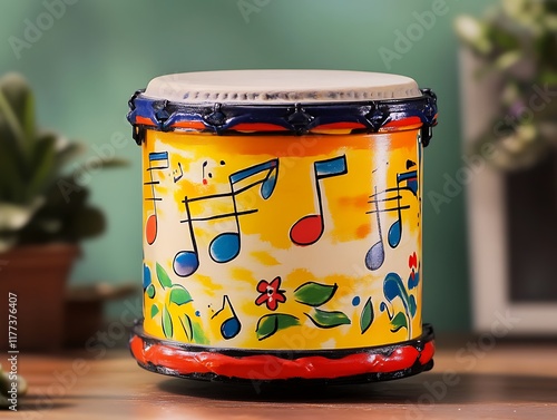 Colorful toy drum with musical notes painted on its surface photo