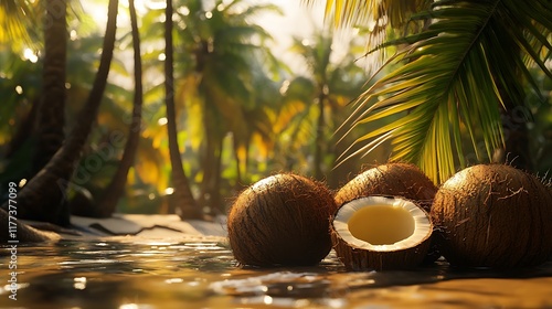 Fresh Tropical Coconuts on Sunny Beach with Palm Trees and Golden Light photo