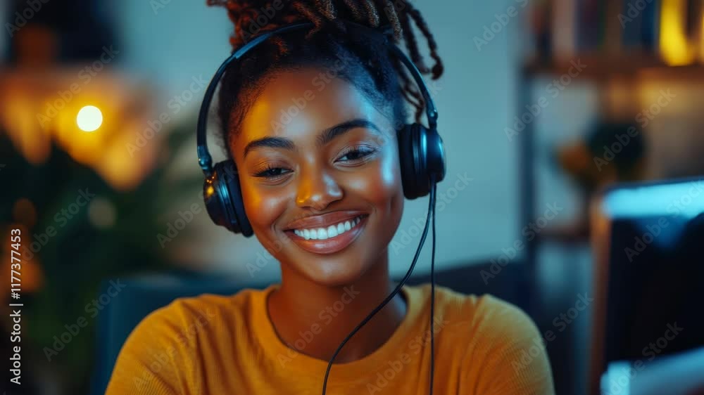 Call center woman talking on microphone head , Happy African American woman working remotely on a virtual video team meeting call, remote work and flexible culture concept. Inclusive and diverse workp Call center woman talking on microphone head , Happy African American woman working remotely on a virtual video team meeting call, remote work and flexible culture concept. Inclusive and diverse workp