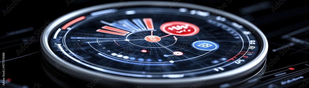 Futuristic Data Visualization Interface with Circular Graphs and Complex Metrics Display Futuristic Data Visualization Interface with Circular Graphs and Complex Metrics Display
