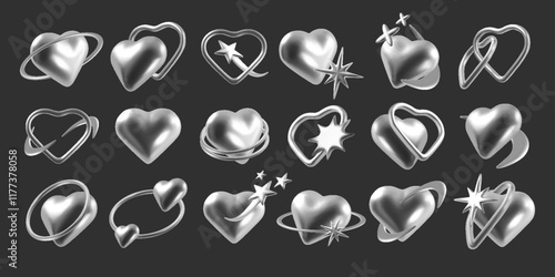 3D heart. Metal Y2K chrome icons. Silver love symbols with stars. Galaxy orbit. Hologram flame and planet shapes. Holographic stickers. Liquid trendy emoji. Vector Valentine signs set
