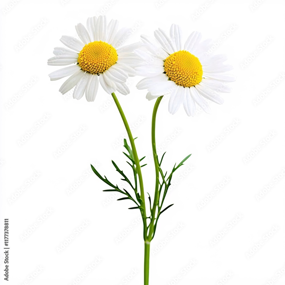 Two Bright White Daisies with Yellow Centers Standing on a Green Stem Isolated Two Bright White Daisies with Yellow Centers Standing on a Green Stem Isolated