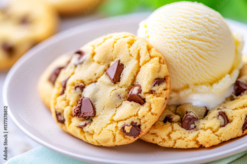 Freshly Baked Chocolate Chip Cookies with a Scoop of Vanilla Ice Cream on a Plate Freshly Baked Chocolate Chip Cookies with a Scoop of Vanilla Ice Cream on a Plate