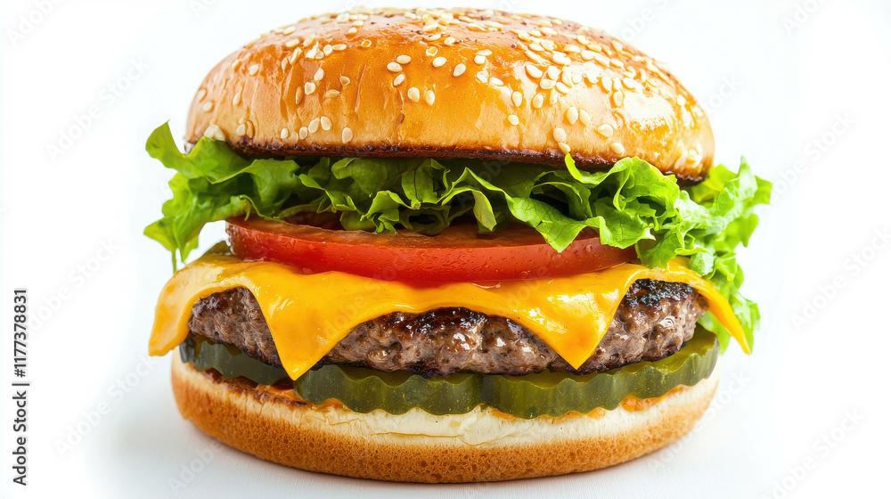 Gourmet Cheeseburger with Crispy Lettuce and Fresh Tomatoes on Sesame Bun Gourmet Cheeseburger with Crispy Lettuce and Fresh Tomatoes on Sesame Bun