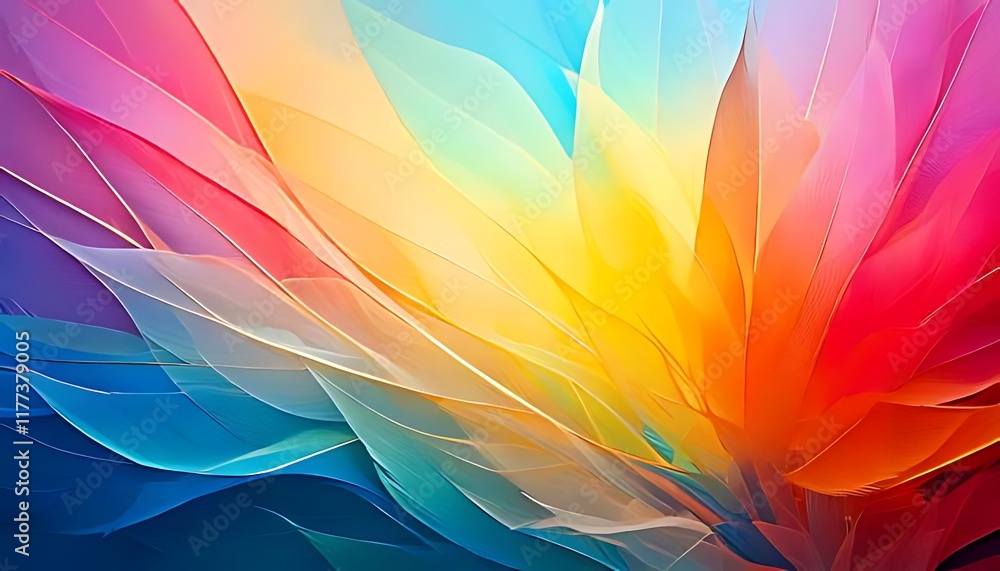 A vibrant, abstract composition with layered, translucent shapes in a rainbow of colors creates a dynamic effect. A vibrant, abstract composition with layered, translucent shapes in a rainbow of colors creates a dynamic effect.