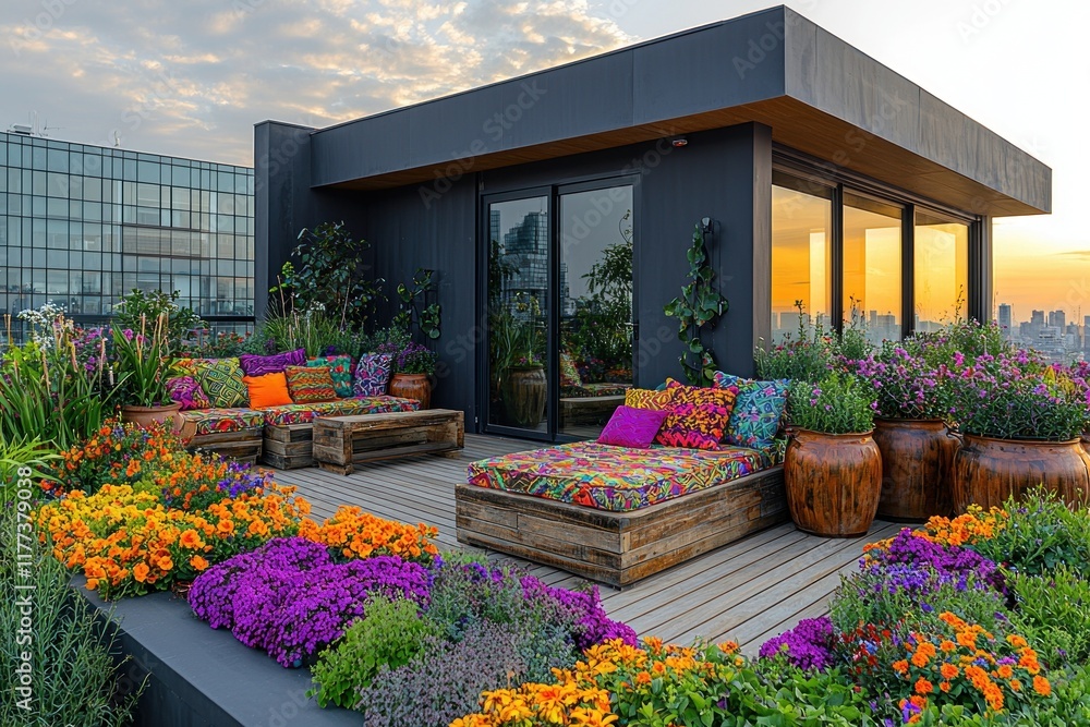 Fototapeta premium Rooftop garden lounge with colorful furniture, vibrant flowers, and city skyline sunset view