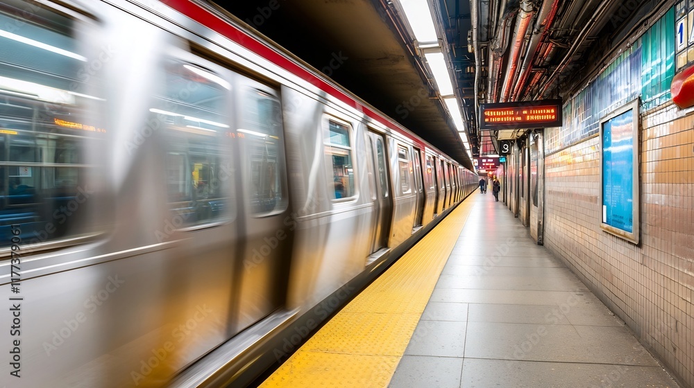 Blurred Motion of Arriving Train at Subway Platform in Urban Transit Hub Blurred Motion of Arriving Train at Subway Platform in Urban Transit Hub