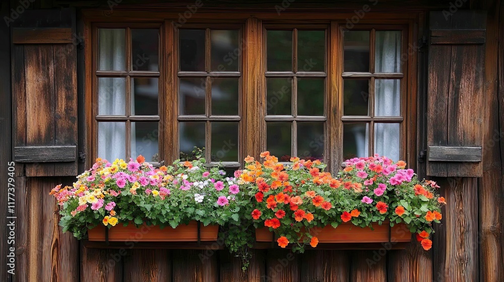 Fototapeta premium Colorful flower boxes brighten a rustic wooden window in a quaint village setting during springtime