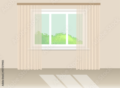 Cozy living room interior with window and curtains. Minimalist style in light beige colors on the wall. Sunlight falls on the floor. There is greenery outside the window. Vector illustration EPS 10