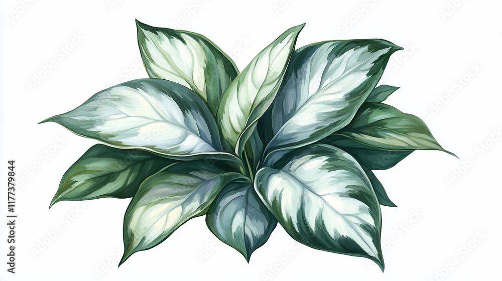 Fototapeta premium Decorative plant leaves, artistic illustration, white and green, isolated, design element, print, digital art