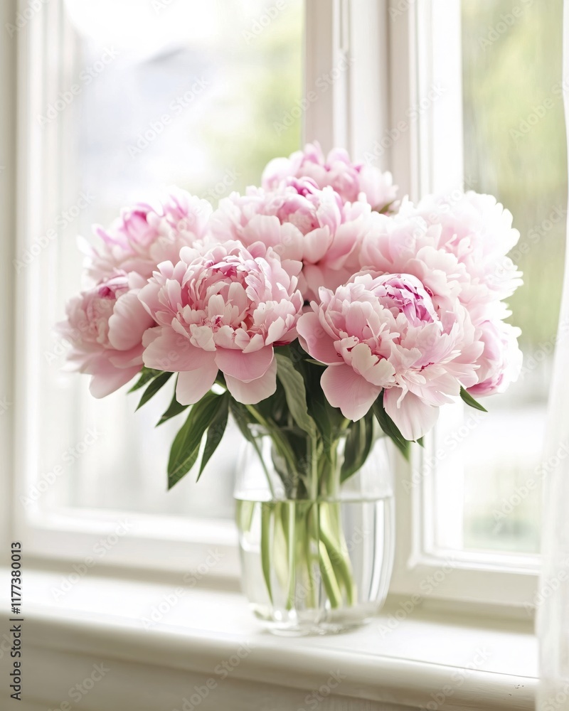 Beautiful Fresh Peonies in a Glass Vase on Sunlit Window Sill with Gentle Light Beautiful Fresh Peonies in a Glass Vase on Sunlit Window Sill with Gentle Light