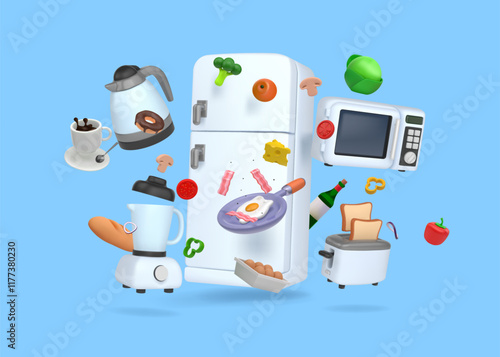3D kitchen appliance. Electric fridge with food products. Home blender or mixer. Domestic refrigerator. Fried egg pan. Flying vegetables. Toaster bread. Render cooking equipment vector set