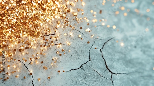 Gold glittery bokeh lights floating above a cracked, grunge wall, merging elegance and roughness in a striking contrast photo