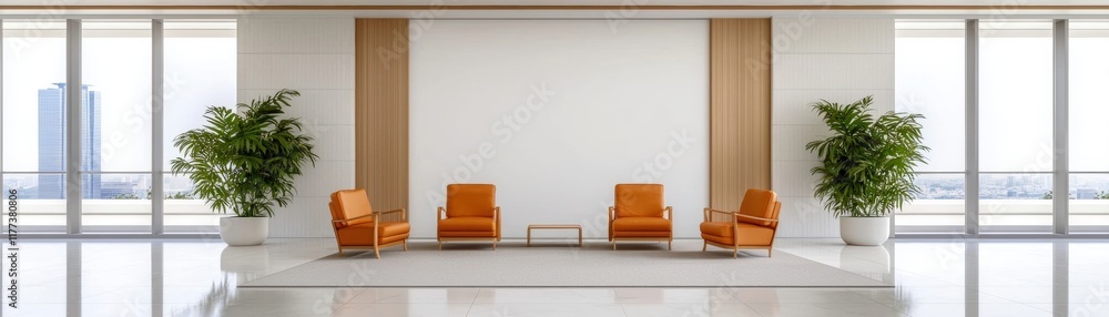 Modern Minimalist Office Interior with Stylish Orange Chairs and Lush Green Plants in Bright Space Modern Minimalist Office Interior with Stylish Orange Chairs and Lush Green Plants in Bright Space