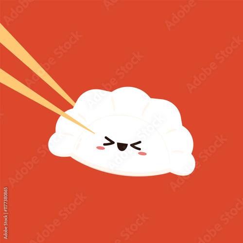 Gyoza vector. Hot dumplings and chopsticks on red background. Steamed dim sum or bun illustration for restaurant logo. Asian food icon for Japanese.