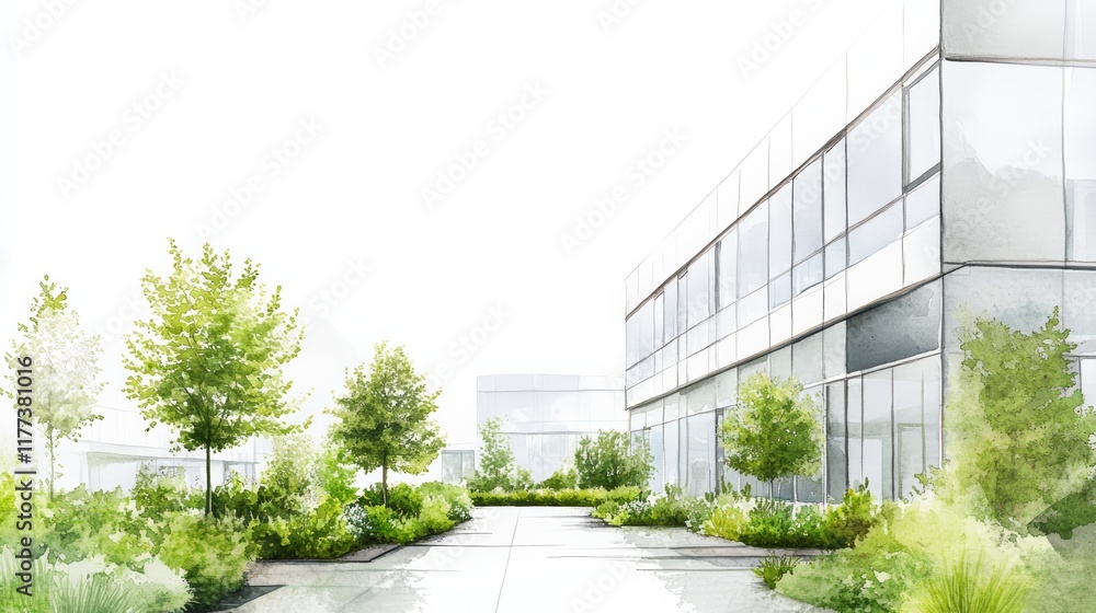 Fototapeta premium A modern building surrounded by lush greenery and serene pathways.